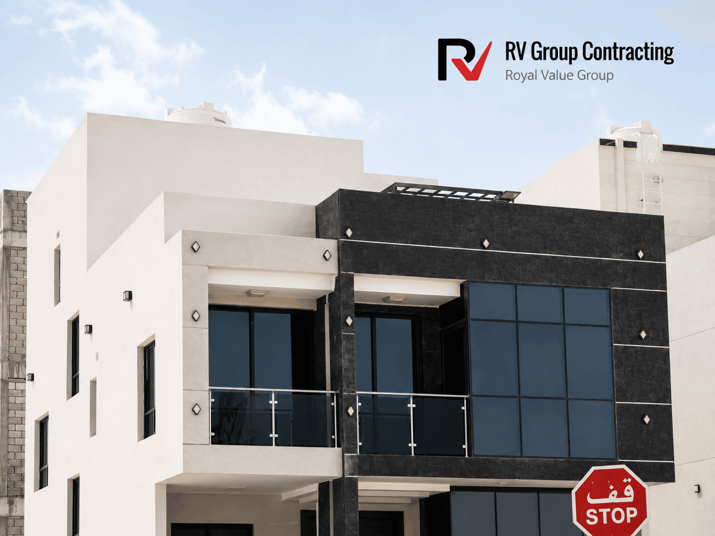 Completed modern villa, dark and white facade