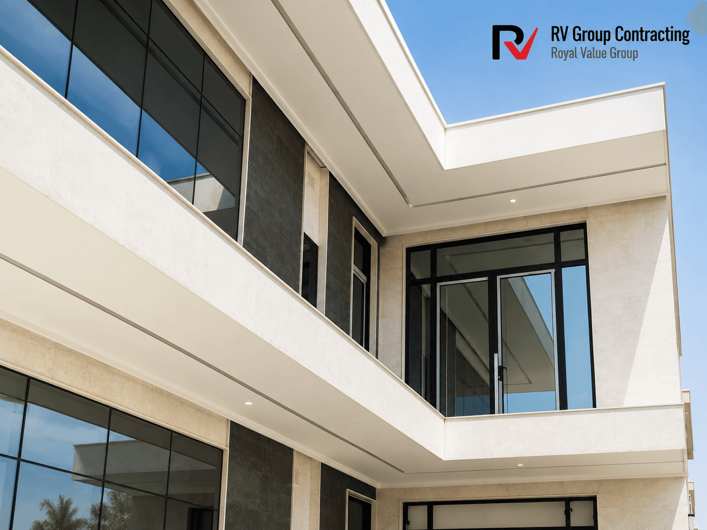 Completed villa entrance, glass facade